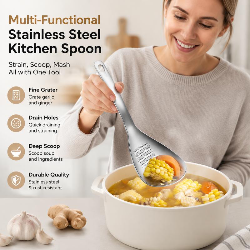 Multifunction spoon straining vegetables while serving from a pot